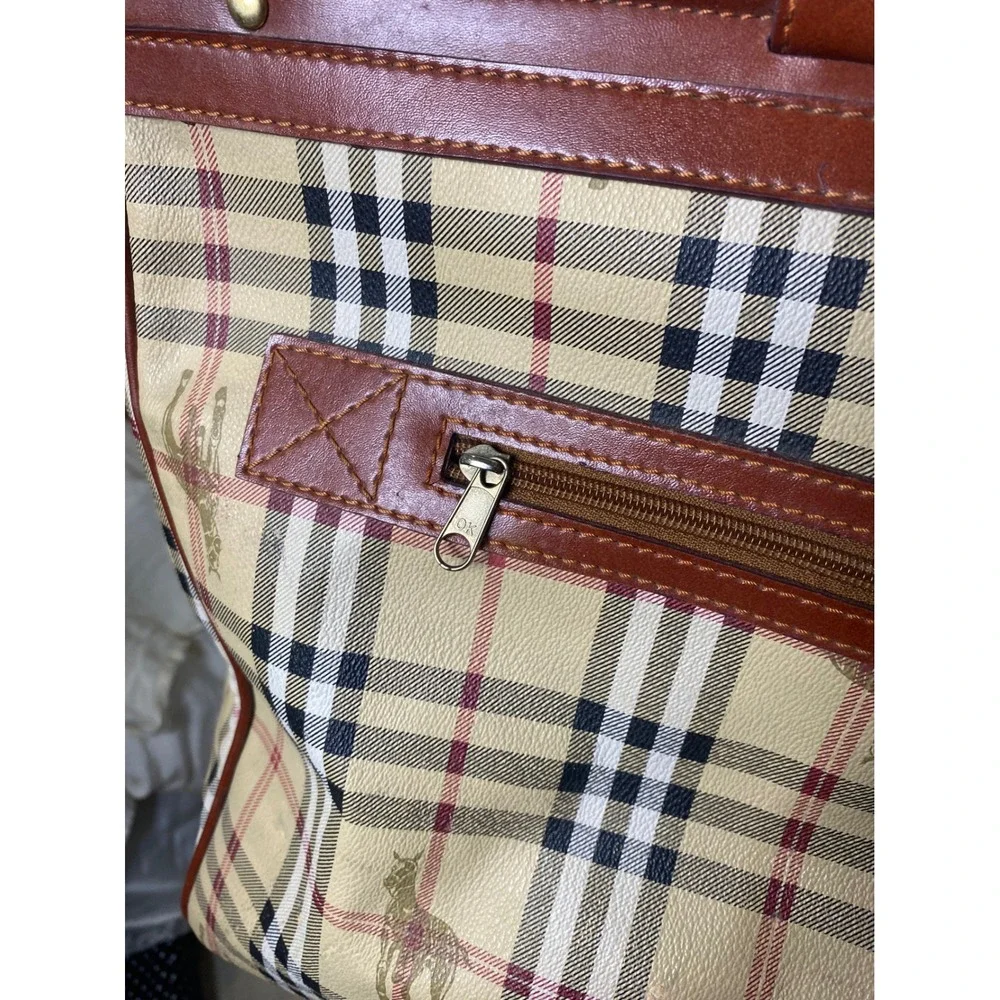 Vintage 90s Leather Collection Nova Check Plaid Satchel Crossbody Bag Brown